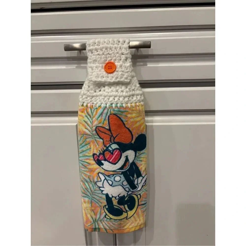 Crochet Top Kitchen Towel-Minnie mouse orange button white top